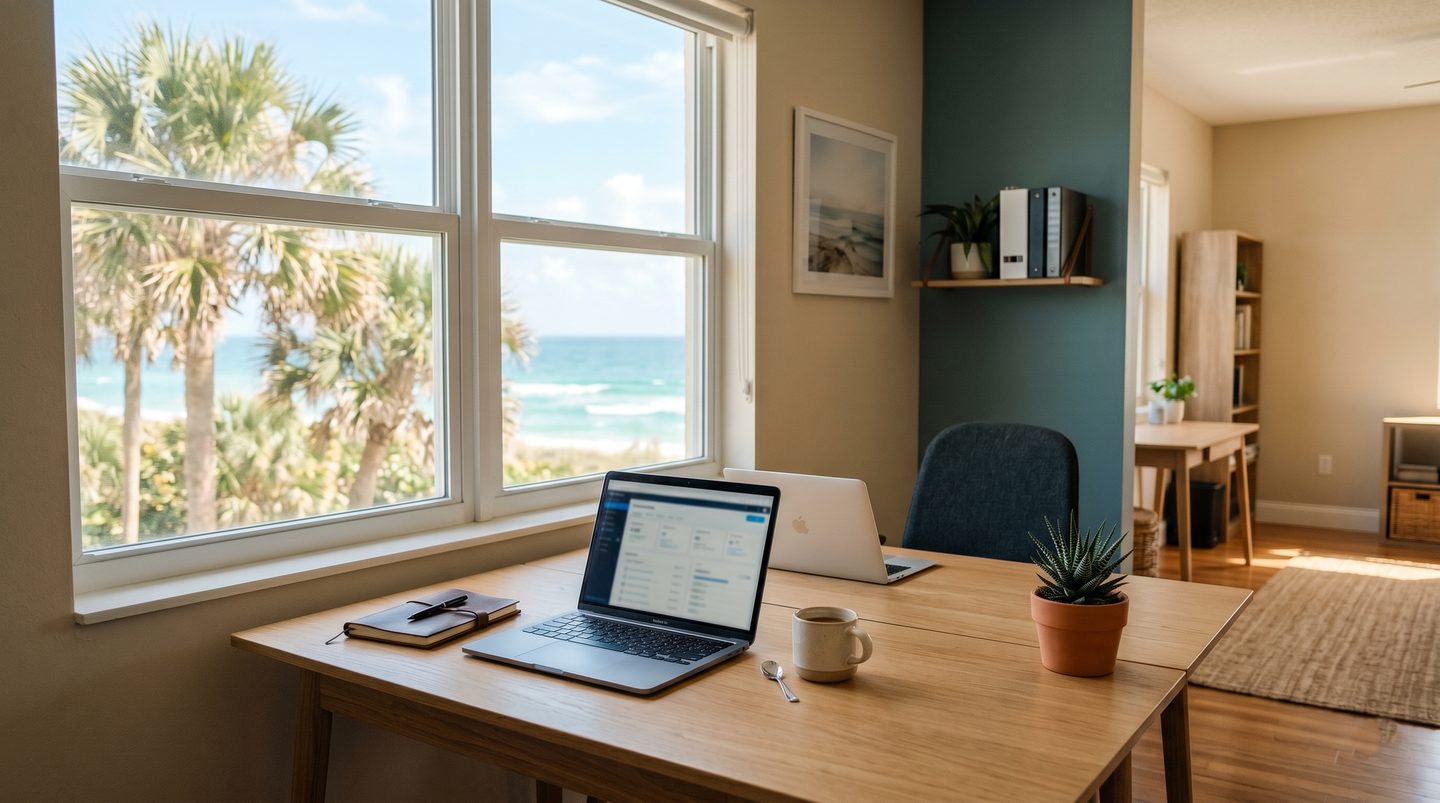 Bright coastal Florida small business office with laptop, desk, plant and ocean view through the window &mdash; managed IT services for Volusia County businesses