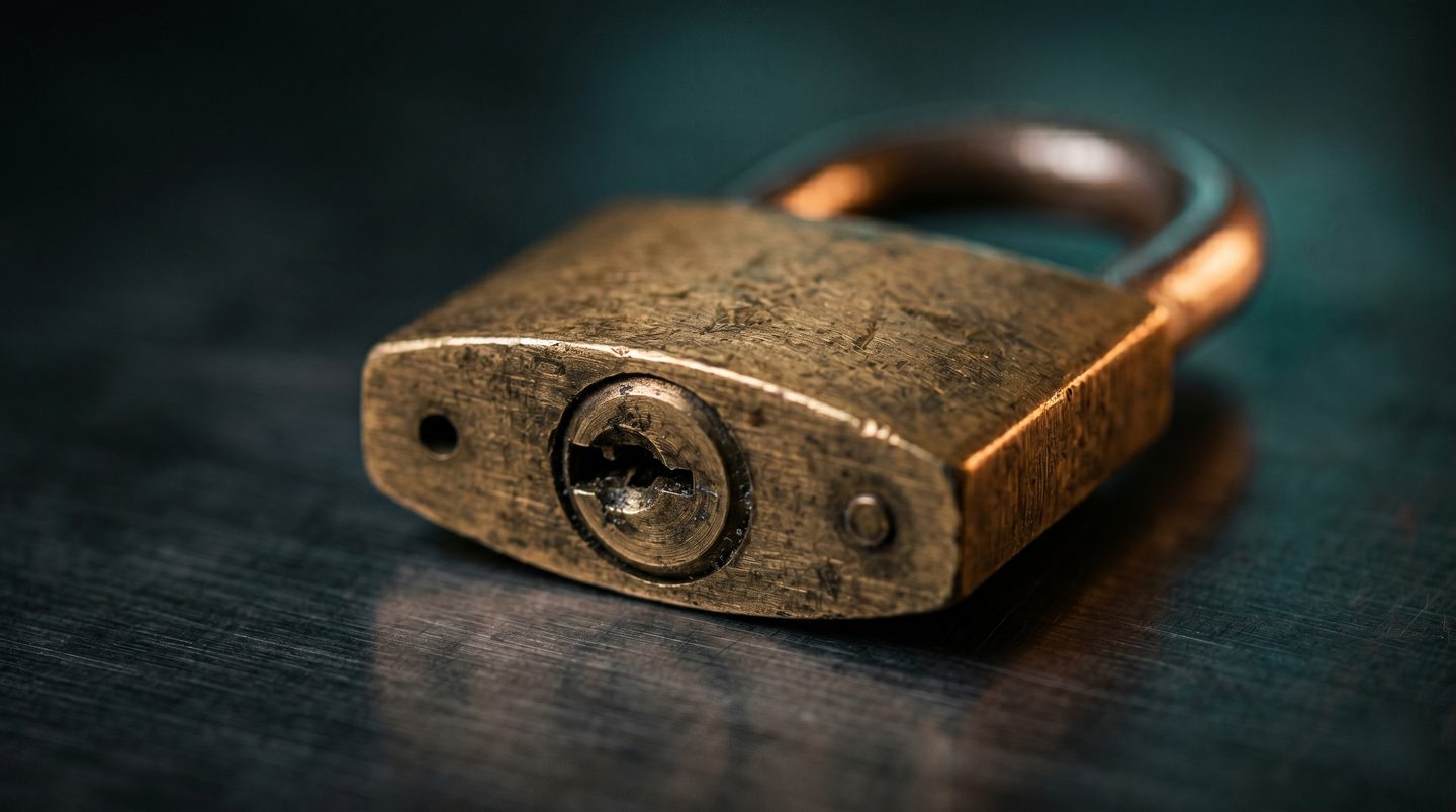 Macro photograph of a brass padlock on a dark steel surface with teal ambient glow &mdash; cybersecurity for Volusia County small businesses
